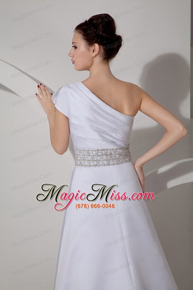 wholesale luxurious a-line one shoulder court train satin belt wedding dress