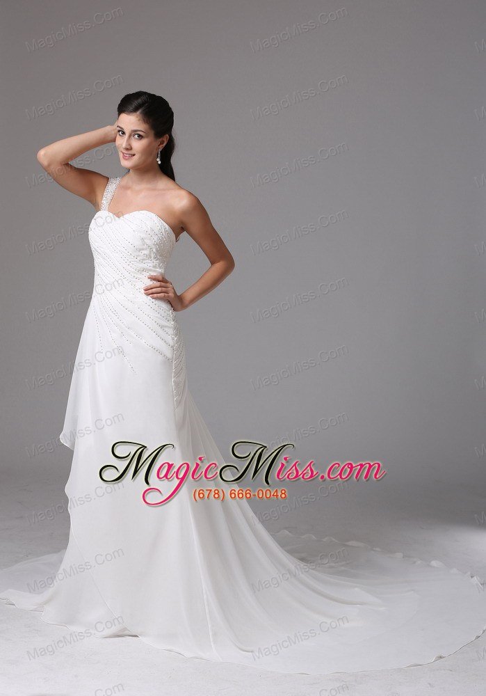 wholesale stylish column one shoulder wedding dress appliques decorate bust chiffon court train