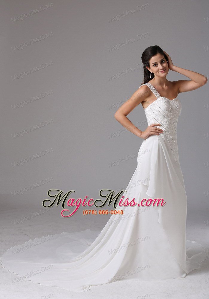 wholesale stylish column one shoulder wedding dress appliques decorate bust chiffon court train