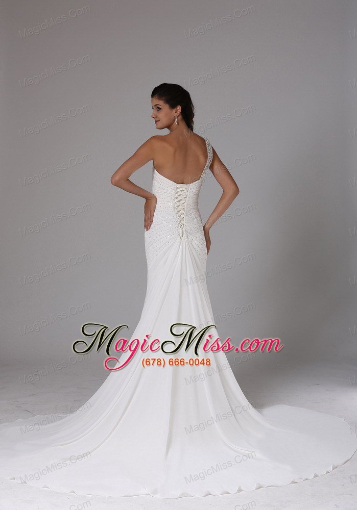 wholesale stylish column one shoulder wedding dress appliques decorate bust chiffon court train