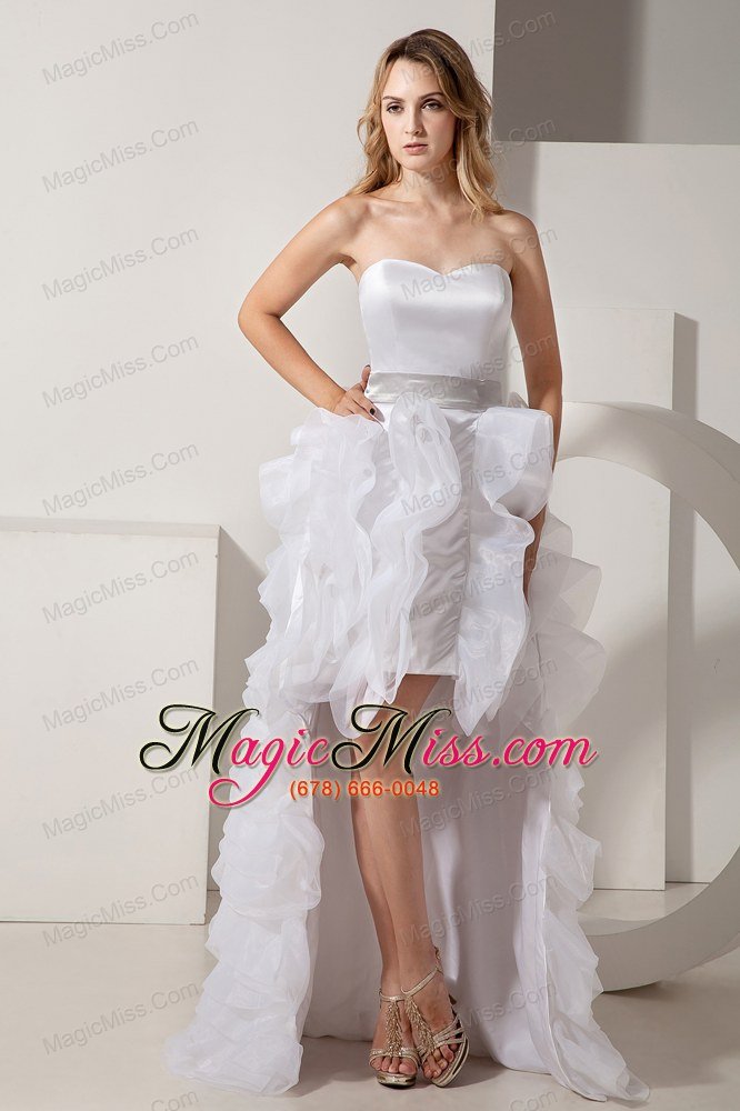 wholesale white a-line sweetheart high-low satin and organza ruffles prom dress