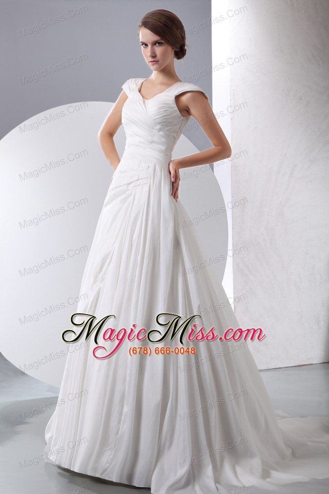 wholesale simple a-line v-neck chapel train taffeta ruch wedding dress