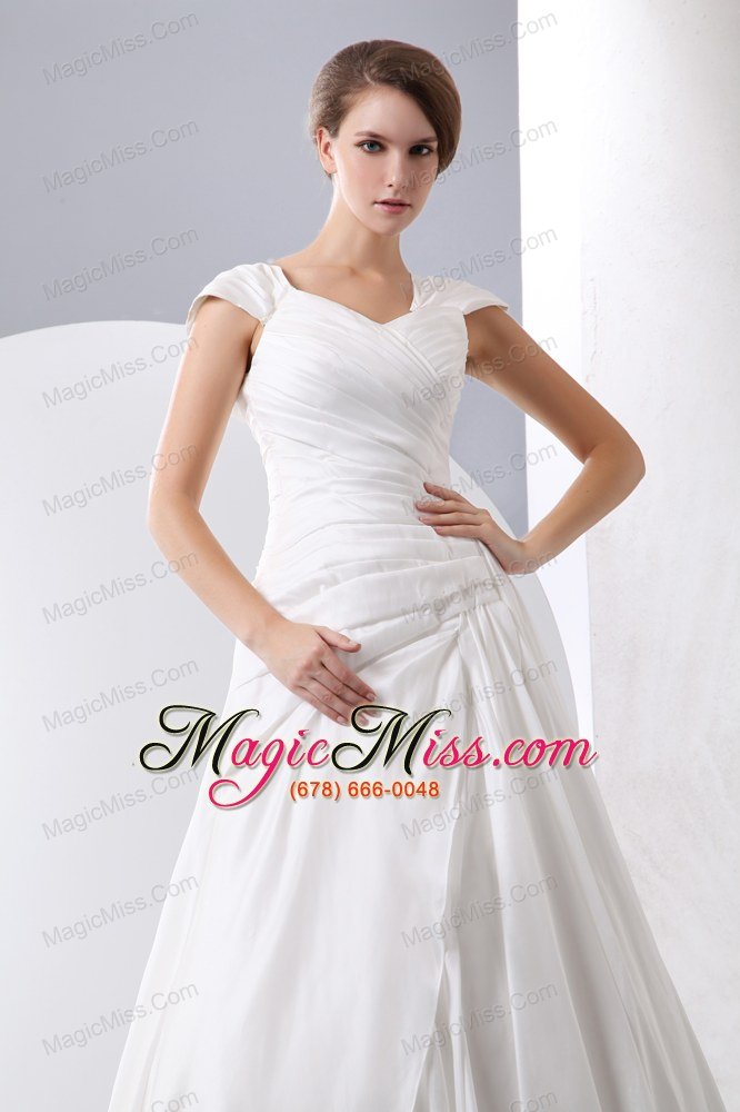 wholesale simple a-line v-neck chapel train taffeta ruch wedding dress