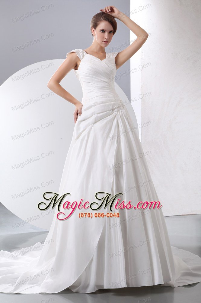 wholesale simple a-line v-neck chapel train taffeta ruch wedding dress