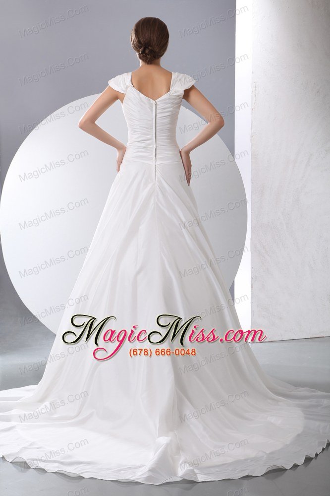 wholesale simple a-line v-neck chapel train taffeta ruch wedding dress