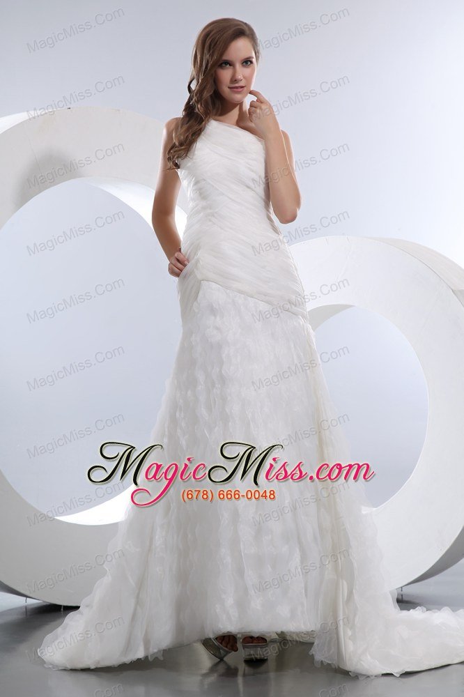 wholesale popular a-line one shoulder court train taffeta and organza ruch wedding dress