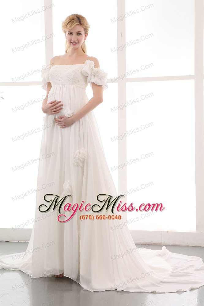 wholesale simple empire off the shoulder chapel train chiffon lace and hand made flowers maternity dress