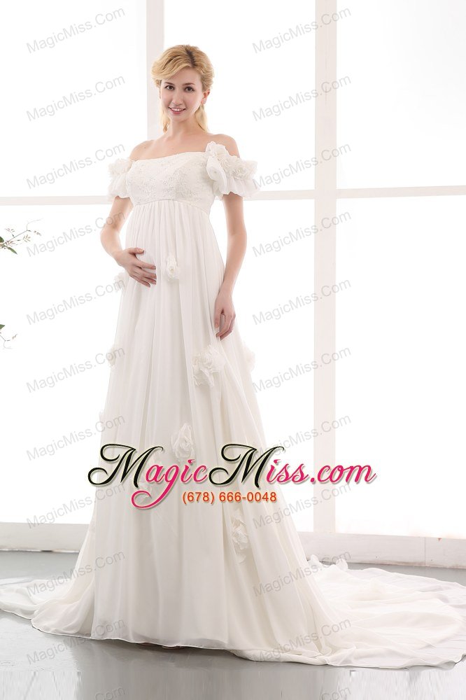 wholesale simple empire off the shoulder chapel train chiffon lace and hand made flowers maternity dress