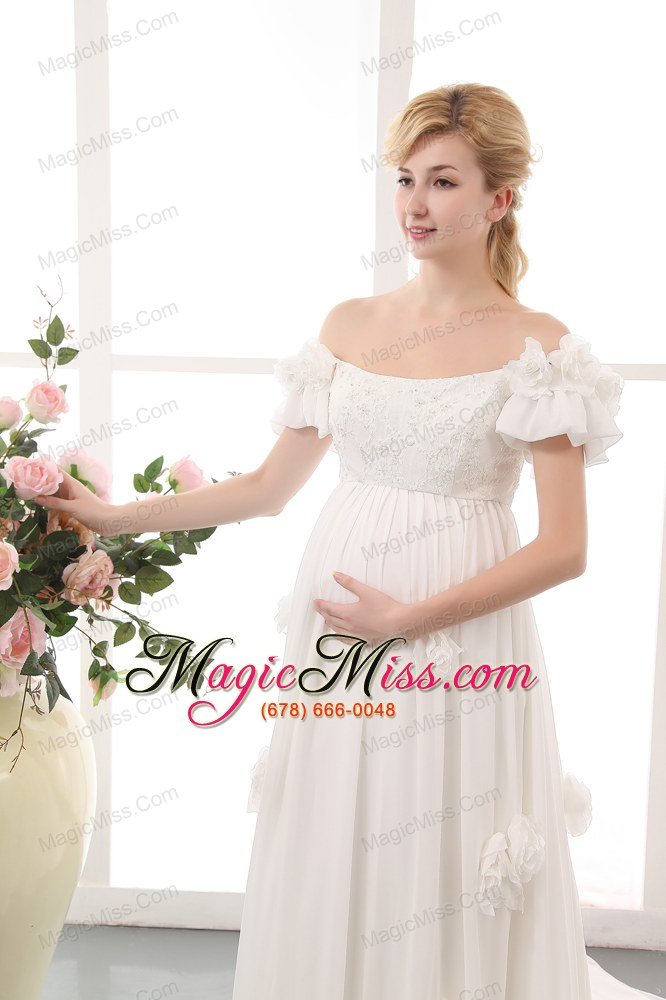 wholesale simple empire off the shoulder chapel train chiffon lace and hand made flowers maternity dress