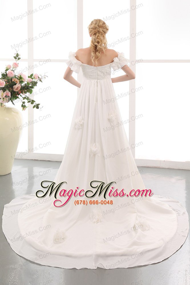 wholesale simple empire off the shoulder chapel train chiffon lace and hand made flowers maternity dress