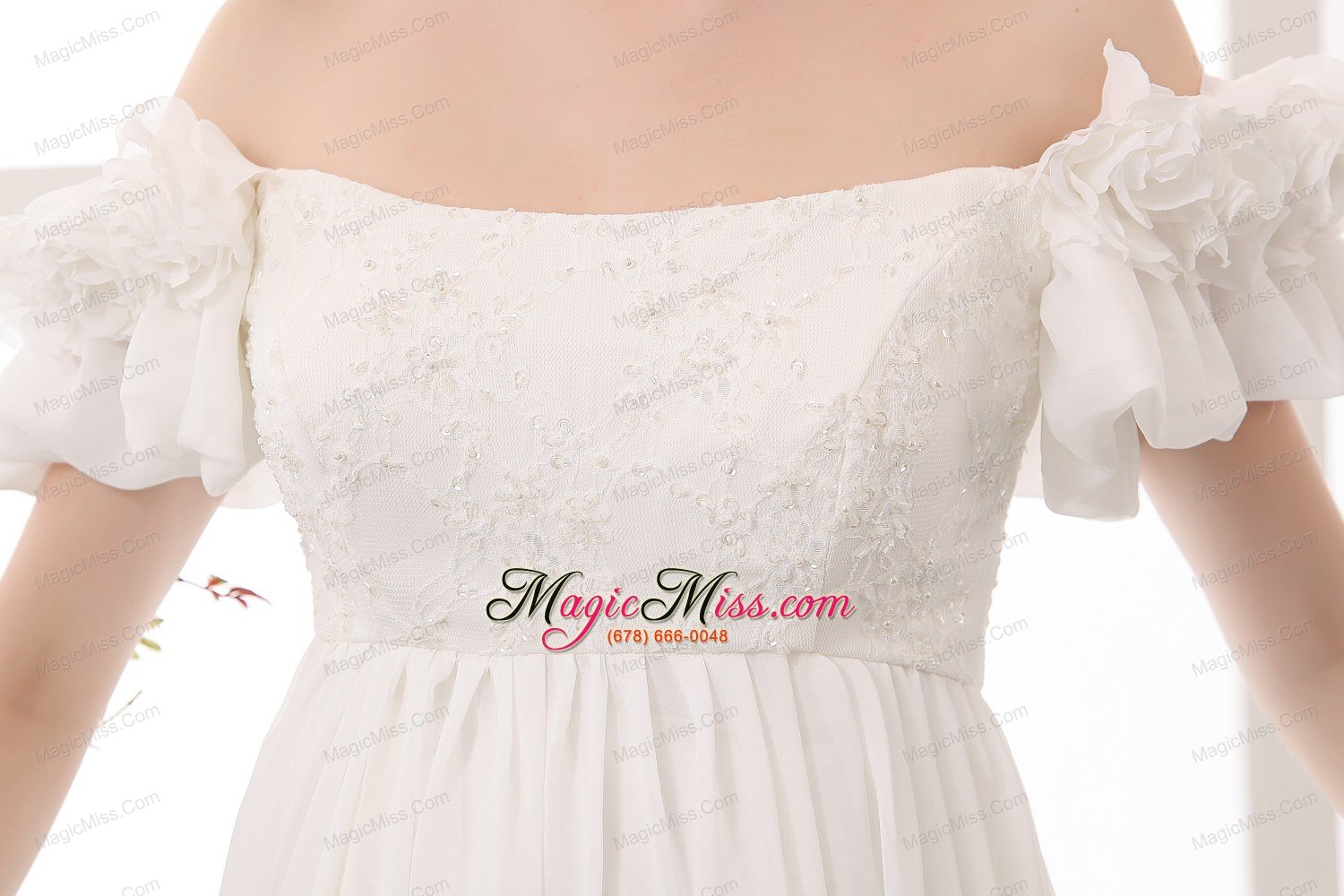 wholesale simple empire off the shoulder chapel train chiffon lace and hand made flowers maternity dress