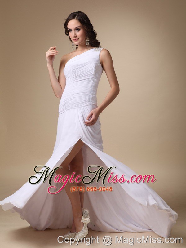 wholesale white column one shoulder brush train chiffon and elastic wove satin ruch prom dress