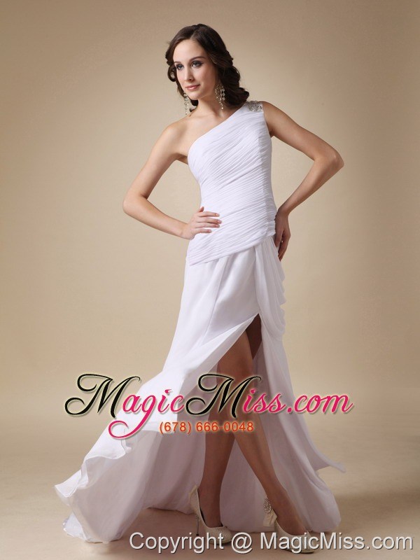 wholesale white column one shoulder brush train chiffon and elastic wove satin ruch prom dress