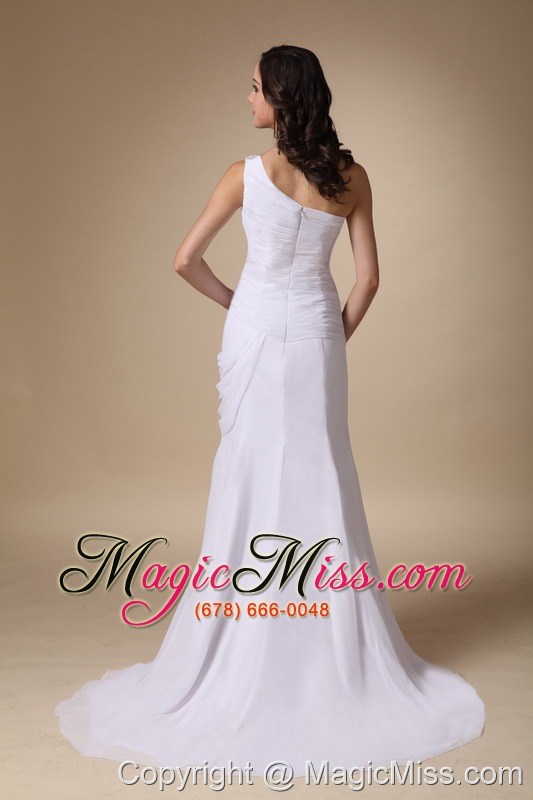 wholesale white column one shoulder brush train chiffon and elastic wove satin ruch prom dress