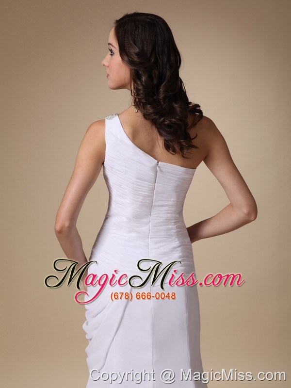 wholesale white column one shoulder brush train chiffon and elastic wove satin ruch prom dress