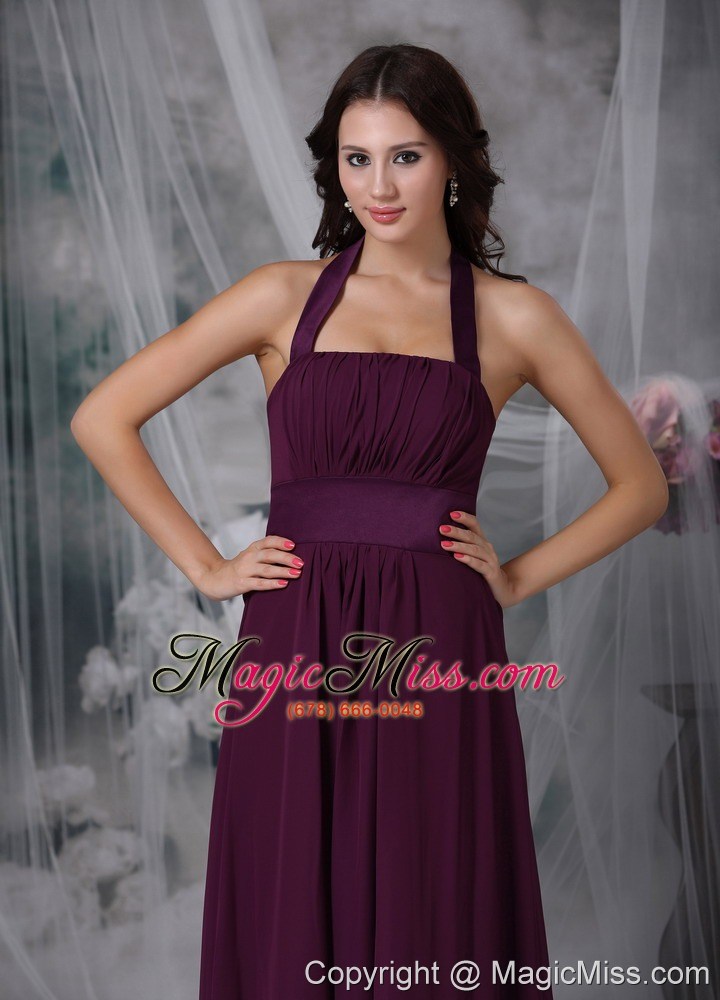 wholesale burgundy empire halter ankle-length chiffon ruch prom / evening dress