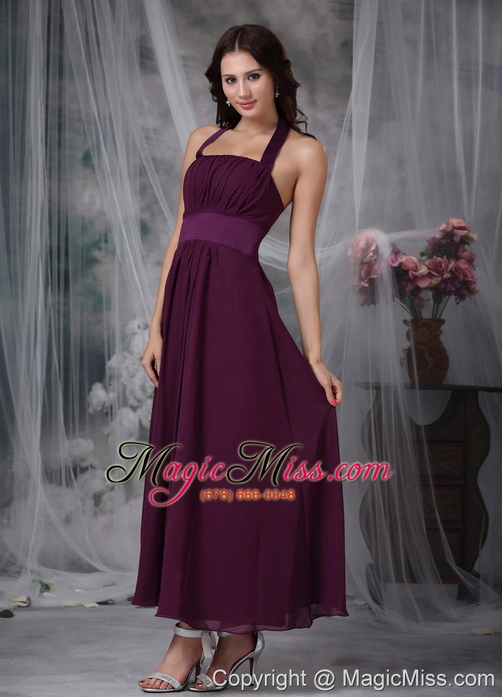 wholesale burgundy empire halter ankle-length chiffon ruch prom / evening dress