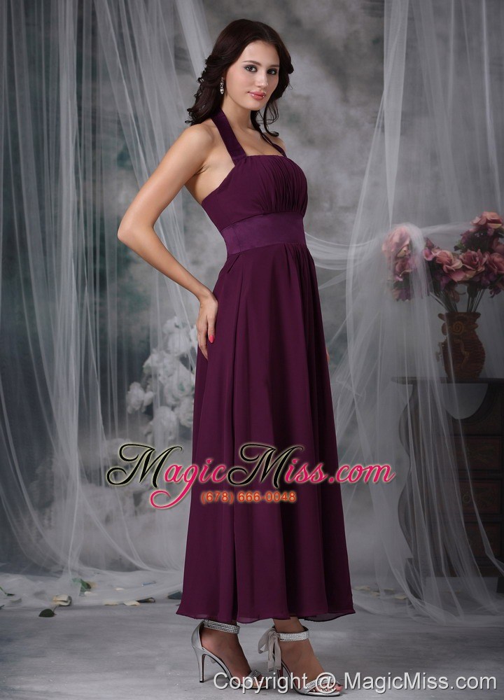 wholesale burgundy empire halter ankle-length chiffon ruch prom / evening dress