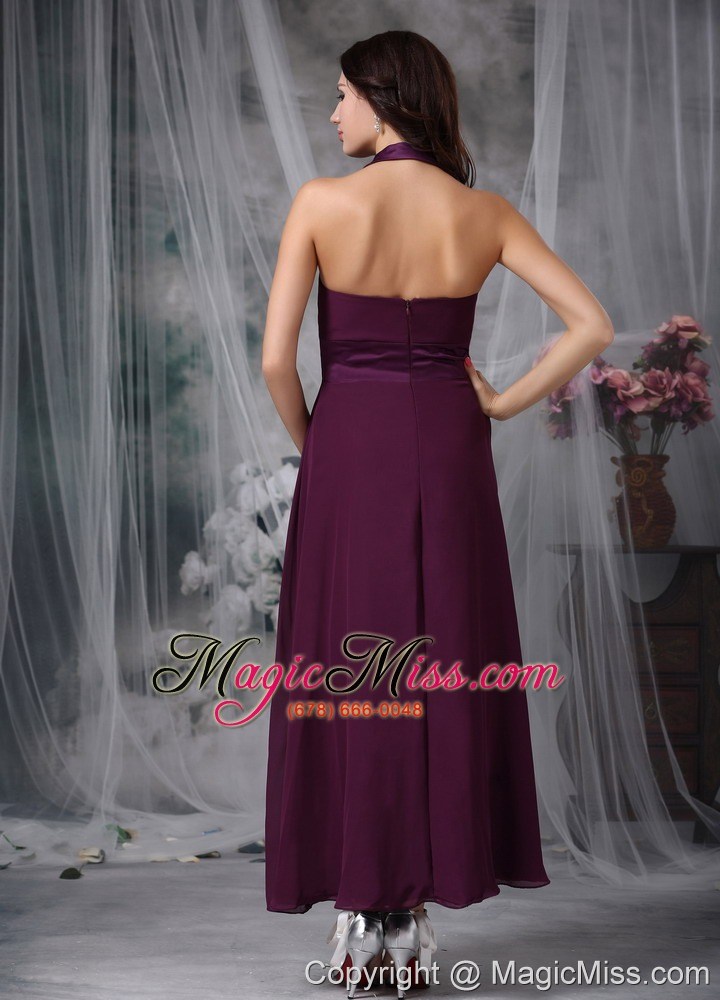 wholesale burgundy empire halter ankle-length chiffon ruch prom / evening dress