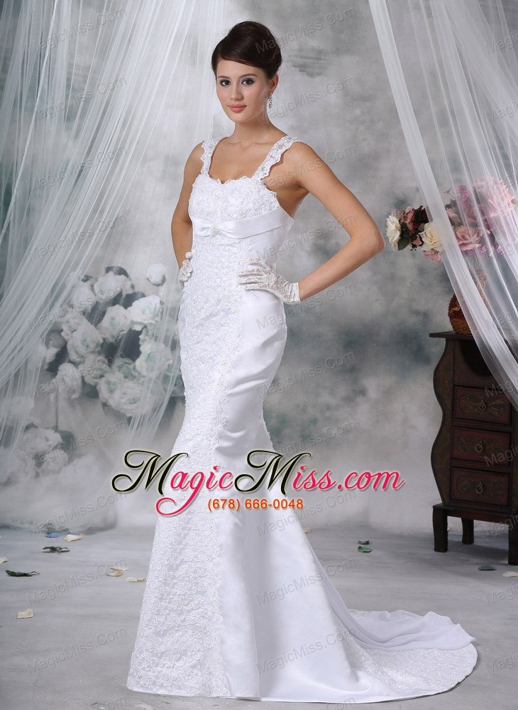 wholesale luxurious trumpet / mermaid straps court train satin lace appliques wedding dress