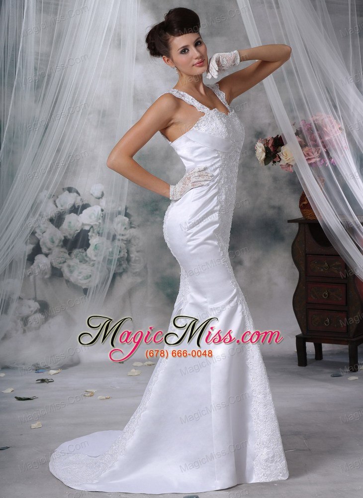 wholesale luxurious trumpet / mermaid straps court train satin lace appliques wedding dress