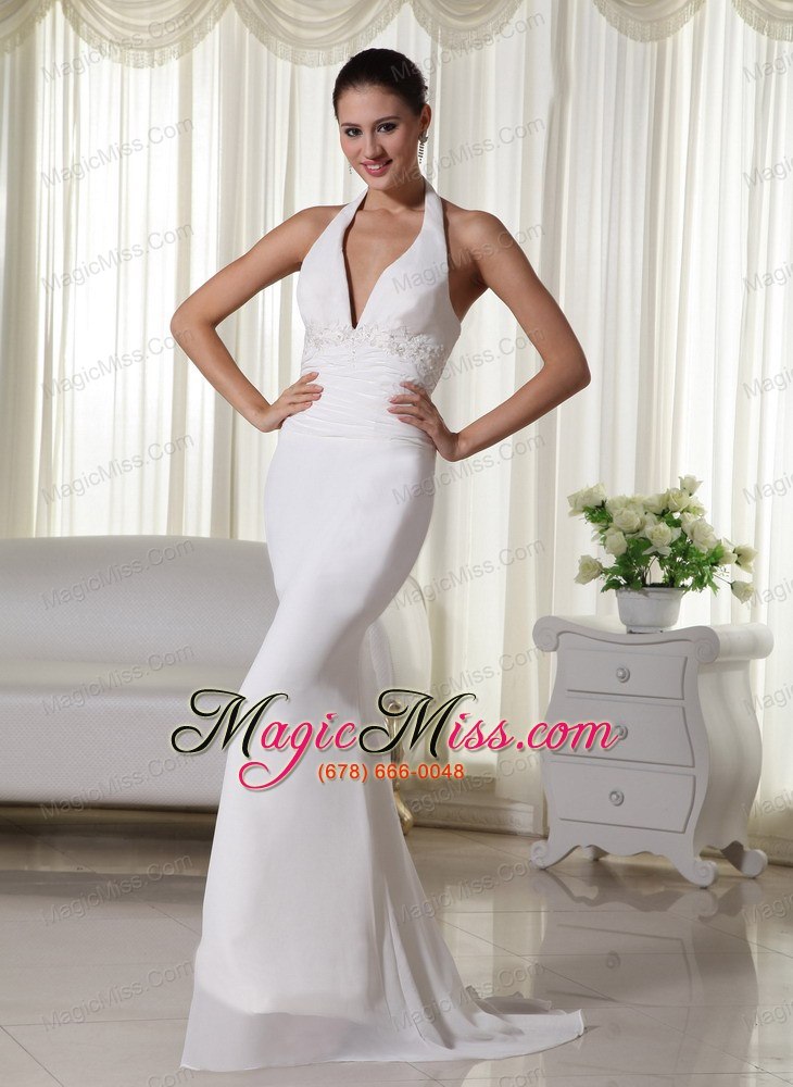 wholesale beautiful column halter brush train chiffon appliques wedding dress