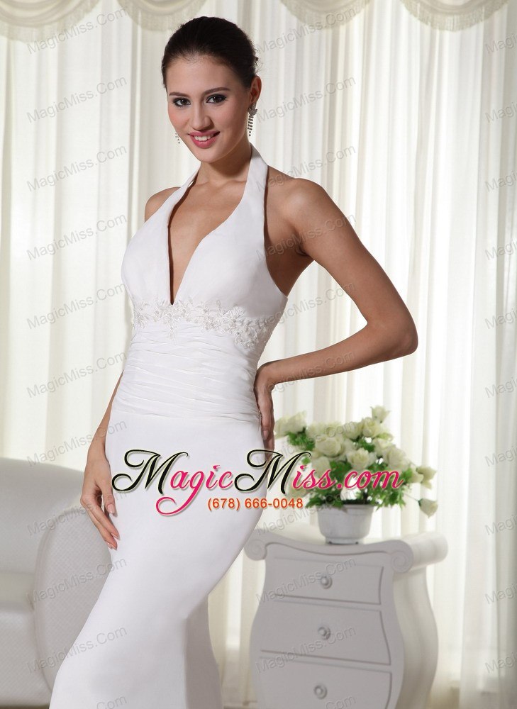 wholesale beautiful column halter brush train chiffon appliques wedding dress