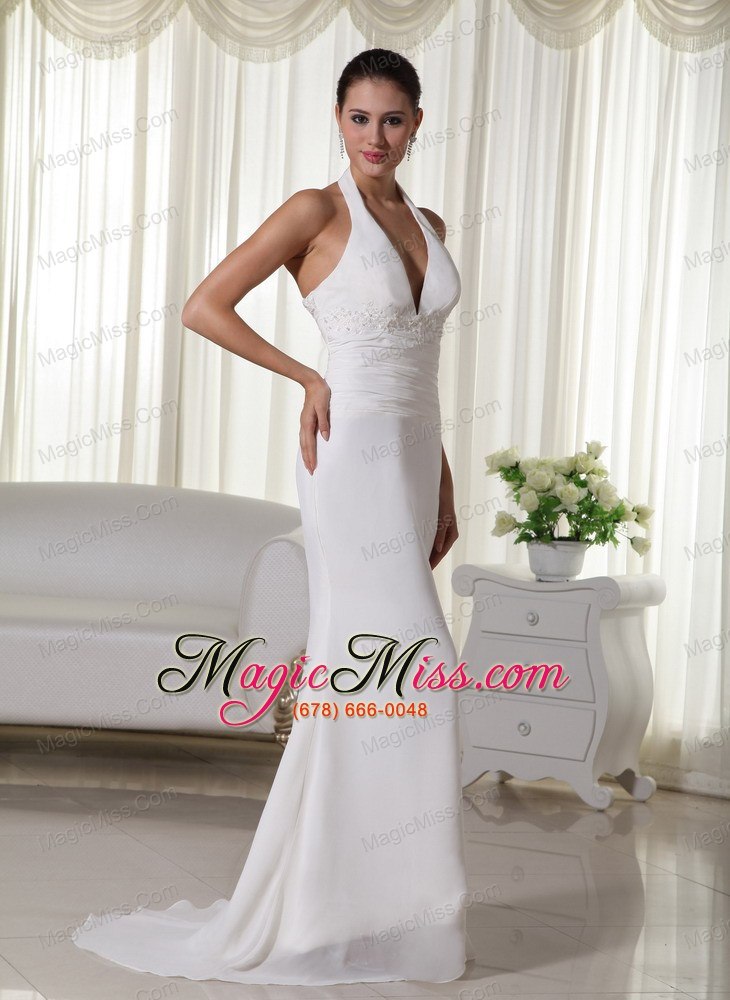 wholesale beautiful column halter brush train chiffon appliques wedding dress