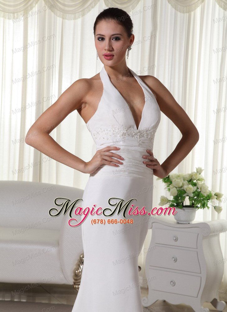 wholesale beautiful column halter brush train chiffon appliques wedding dress