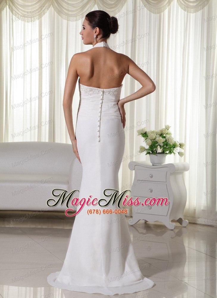 wholesale beautiful column halter brush train chiffon appliques wedding dress