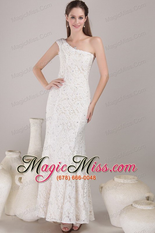 wholesale white column/sheath one shoulder floor-length lace beading wedding dress