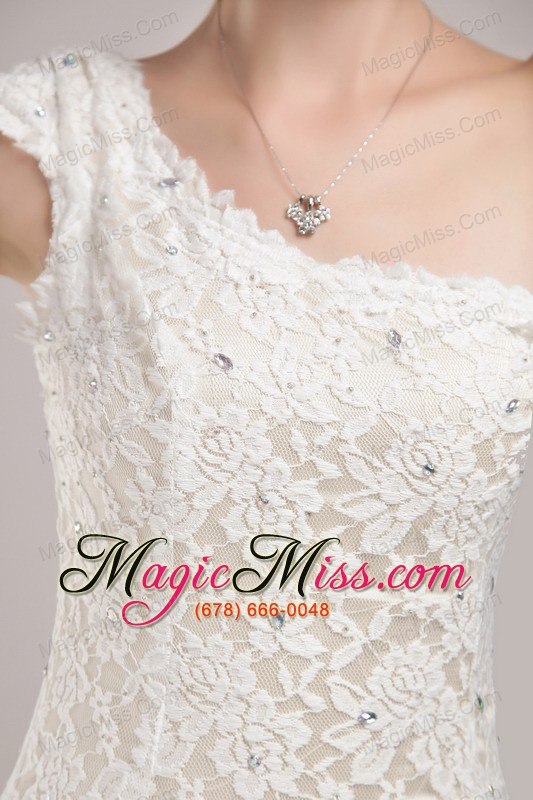 wholesale white column/sheath one shoulder floor-length lace beading wedding dress