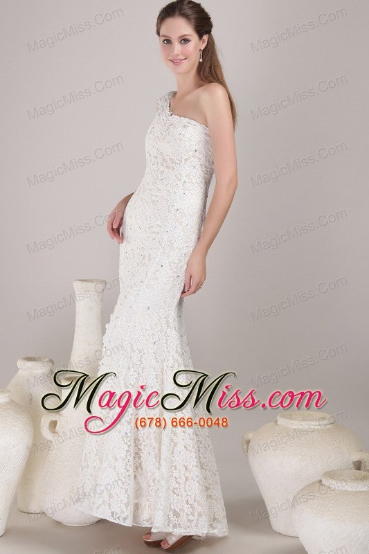 wholesale white column/sheath one shoulder floor-length lace beading wedding dress