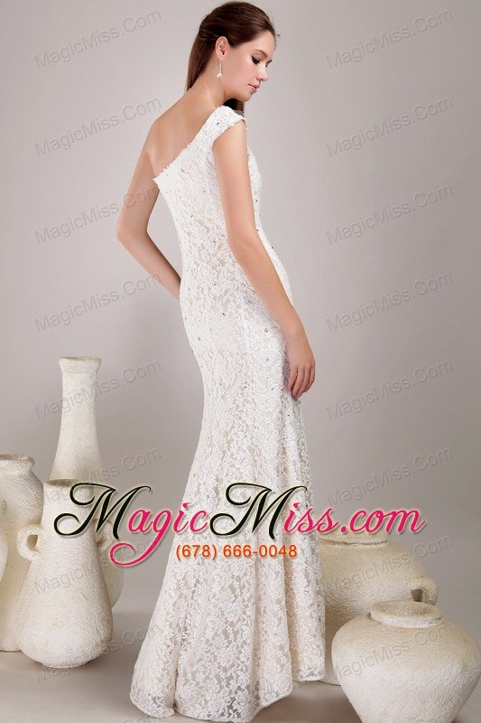 wholesale white column/sheath one shoulder floor-length lace beading wedding dress