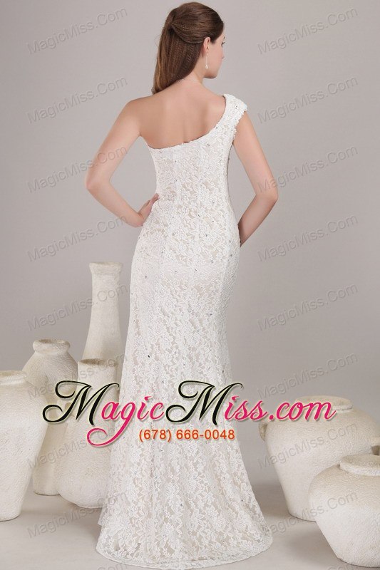 wholesale white column/sheath one shoulder floor-length lace beading wedding dress