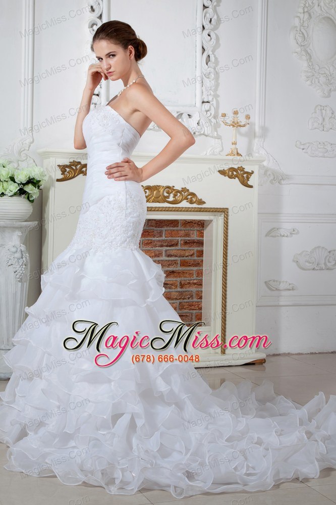 wholesale gorgeous mermaid strapless court train organza applqiues wedding dress