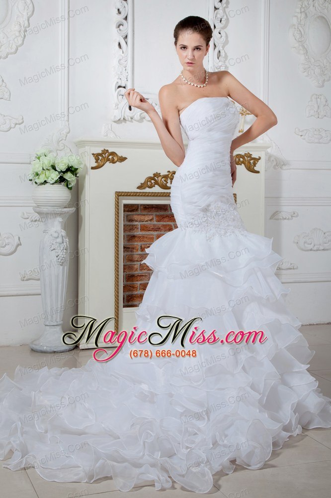 wholesale gorgeous mermaid strapless court train organza applqiues wedding dress