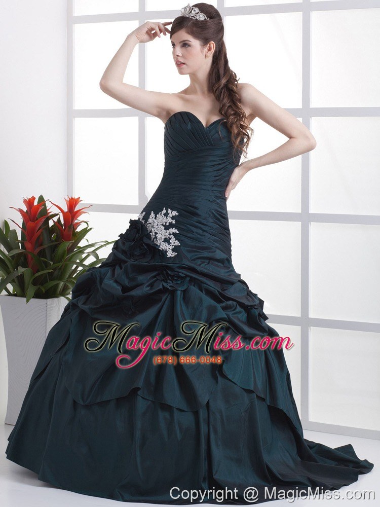 wholesale custom made navy blue sweetheart appliques and pick-ups quinceanera dress with brush train