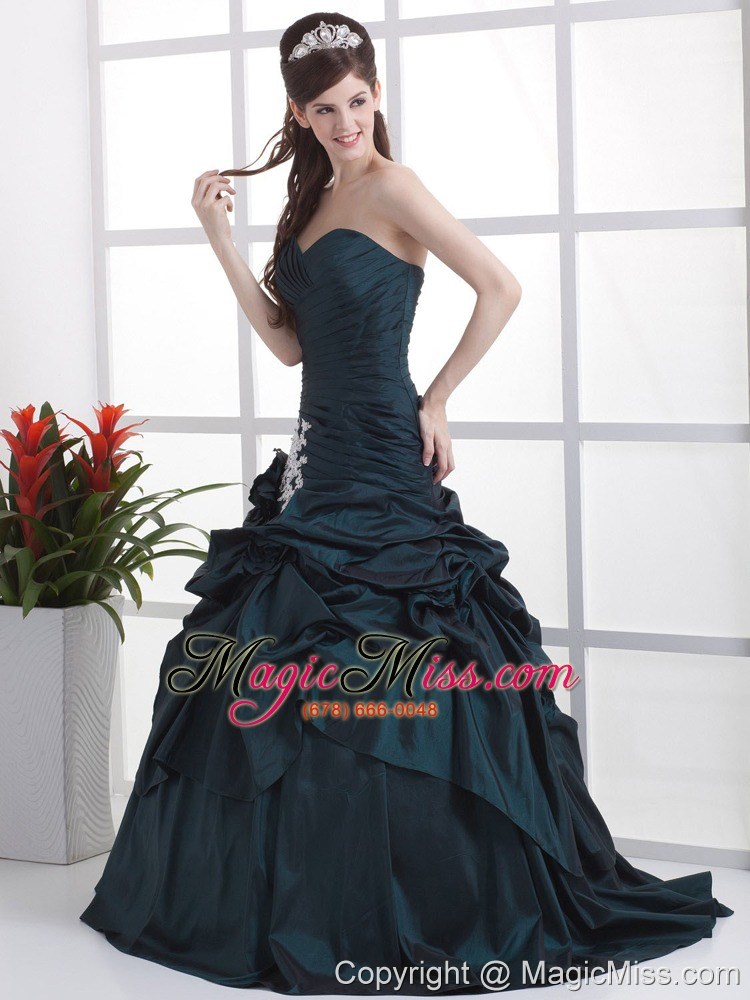 wholesale custom made navy blue sweetheart appliques and pick-ups quinceanera dress with brush train