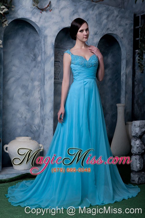 wholesale exquisite aqua blue a-line prom dress straps chiffon beading sweep train