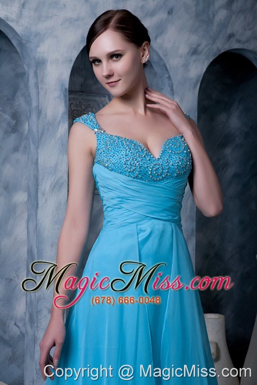 wholesale exquisite aqua blue a-line prom dress straps chiffon beading sweep train