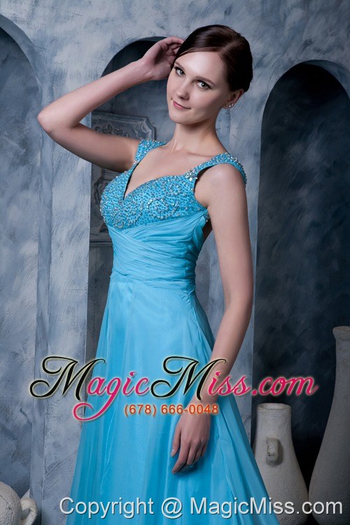 wholesale exquisite aqua blue a-line prom dress straps chiffon beading sweep train