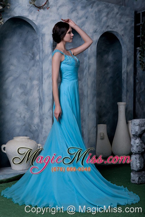 wholesale exquisite aqua blue a-line prom dress straps chiffon beading sweep train