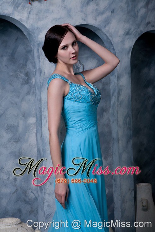 wholesale exquisite aqua blue a-line prom dress straps chiffon beading sweep train