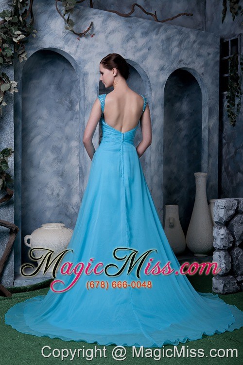 wholesale exquisite aqua blue a-line prom dress straps chiffon beading sweep train