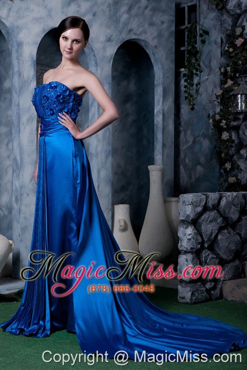 wholesale unique royal blue column prom dress strapless appliques with beading watteau train silk like satin