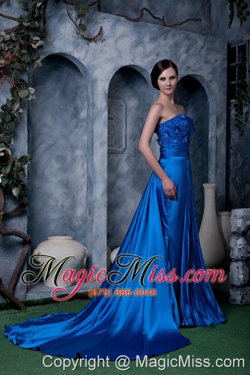 wholesale unique royal blue column prom dress strapless appliques with beading watteau train silk like satin