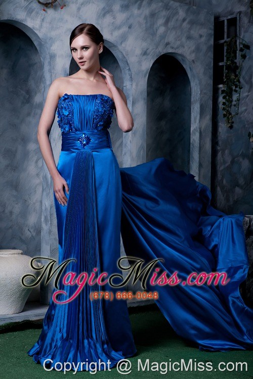 wholesale unique royal blue column prom dress strapless appliques with beading watteau train silk like satin