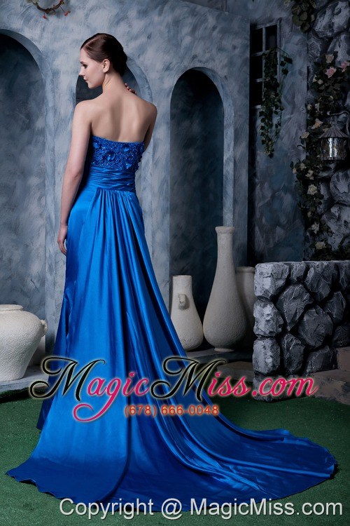 wholesale unique royal blue column prom dress strapless appliques with beading watteau train silk like satin