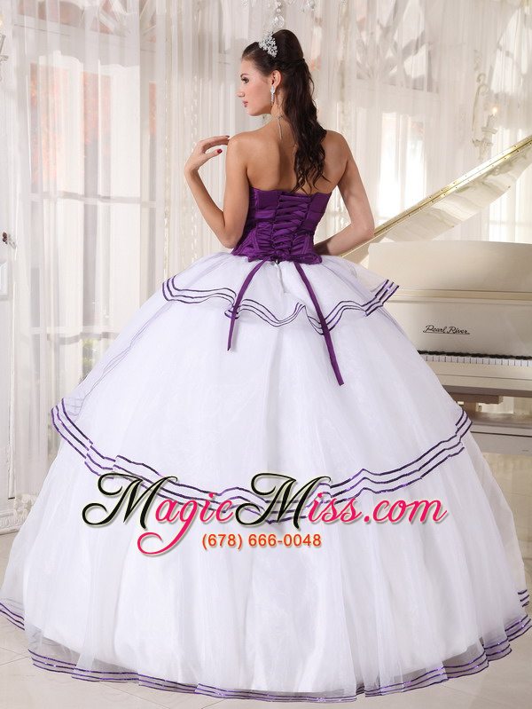 wholesale white and purple ball gown strapless floor-length organza appliques quinceanera dress